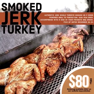 Whole jerk turkey prepared with a rich, smoky finish for large-group catering